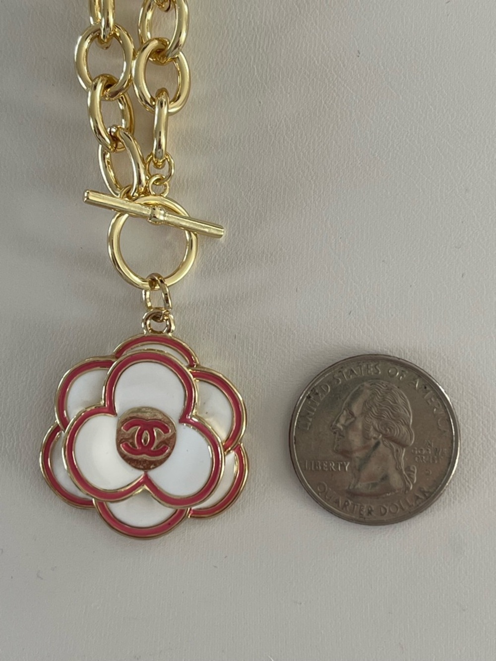 Upcycled Authentic Stamped Chanel Camellia Pendant on 14K Gold Plated Necklace - Picture 4 of 7